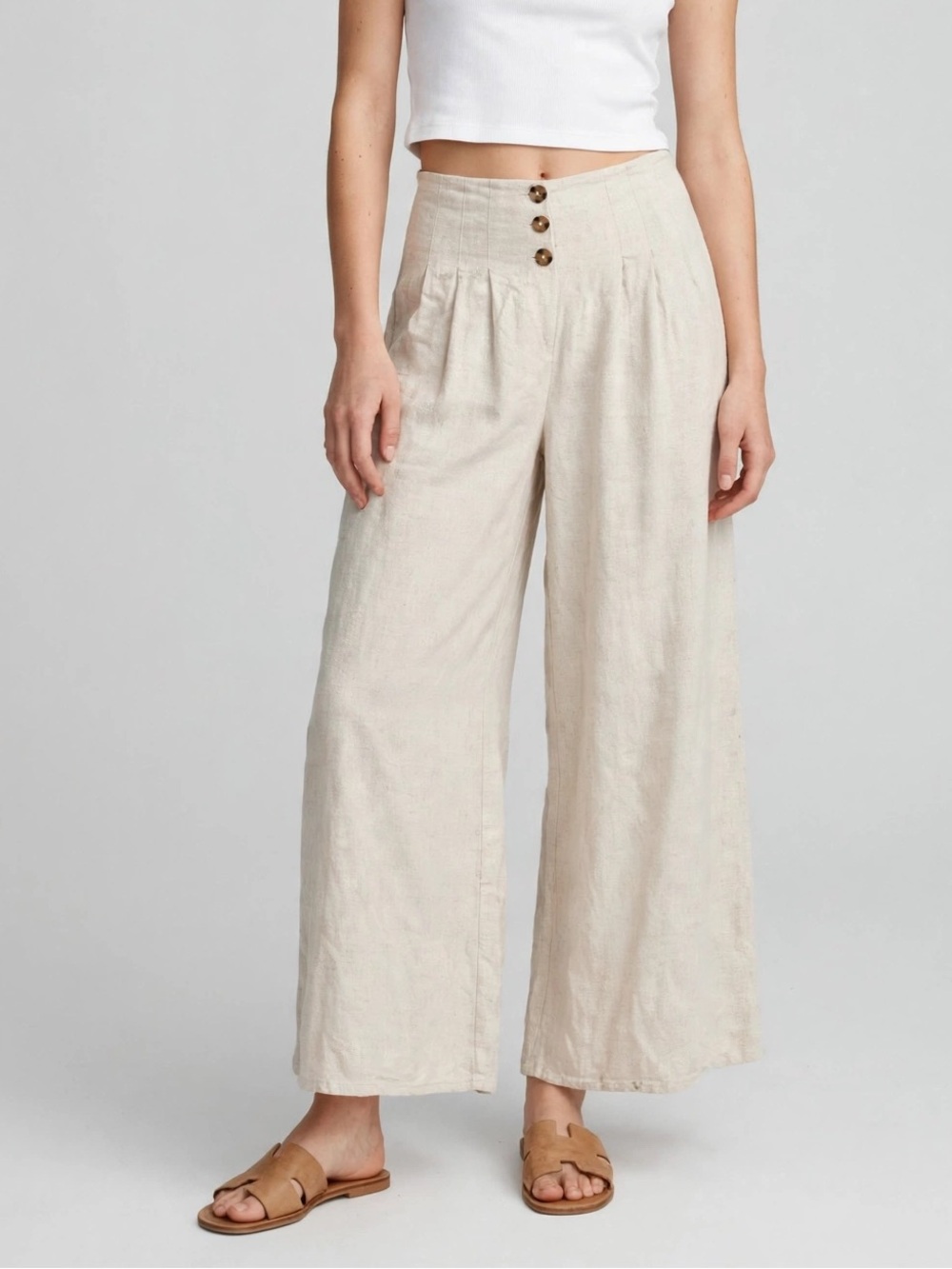 Wide Leg Linen-Blend Button Front Pants - Light Beige